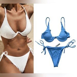 Periwinkle Underwire Triangle Bikini Swimwear - Cheeky String Ribbed Bikini Set